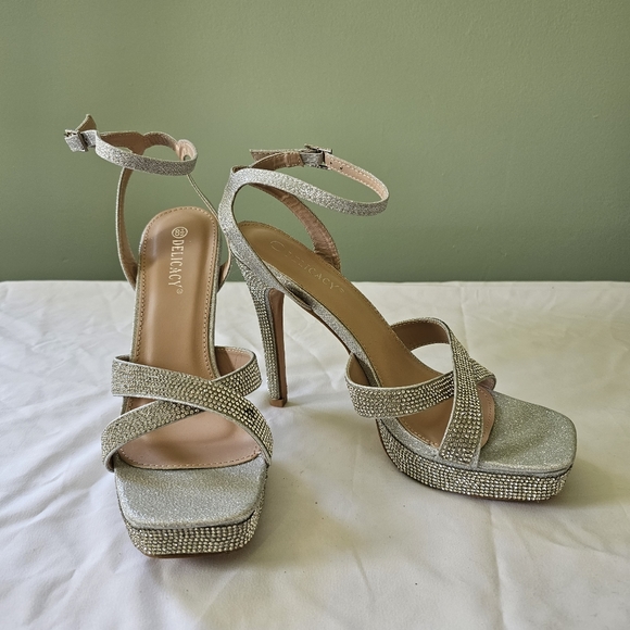 Delicacy Shoes - Delicacy Bonus-22 Rhinestone Heels Silver Size 8.5 Strappy